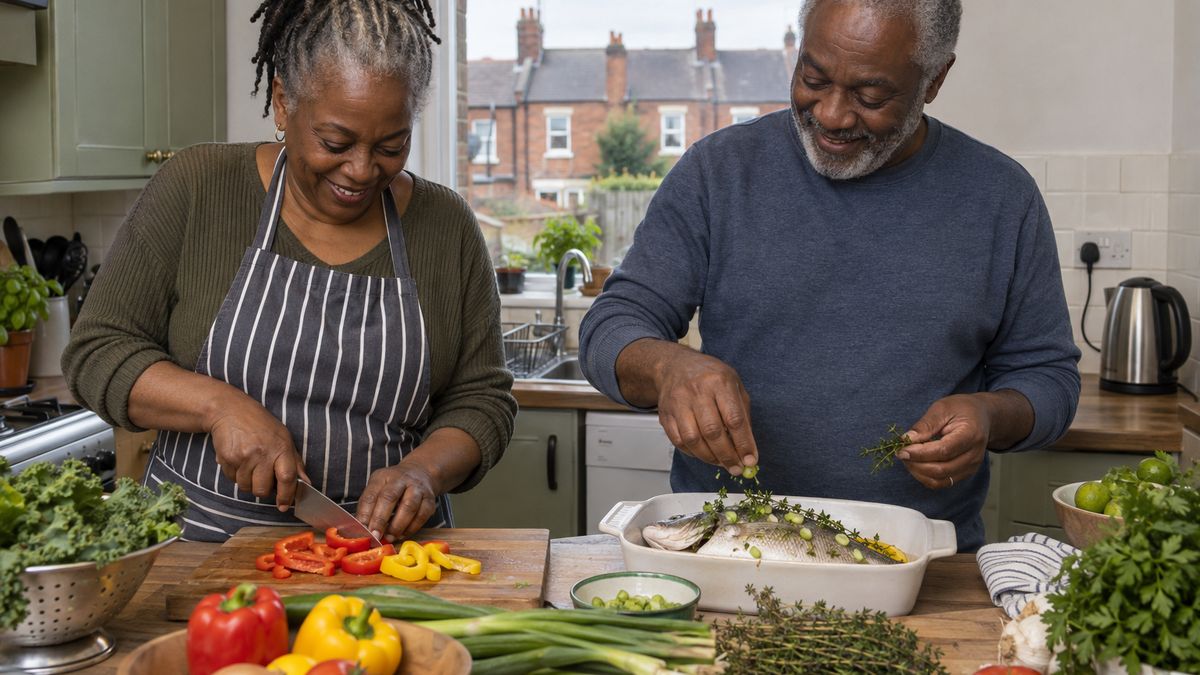 An older Black couple prepare fresh peppers, spring onions and herbs together in their kitchen, with brick terraced houses visible through the window.