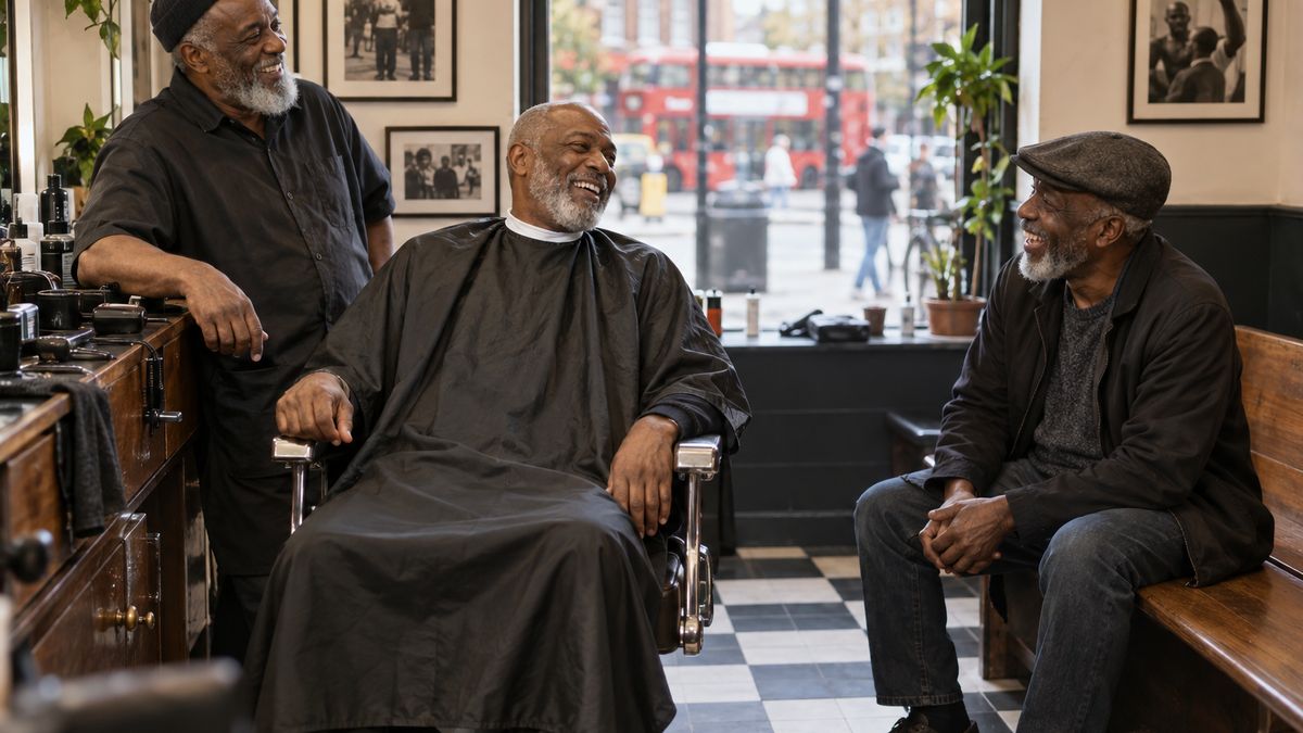 Three older Black men laugh together in a barbershop, one seated in the barber's chair wearing a cape, with a London street and a red bus visible through the window.
