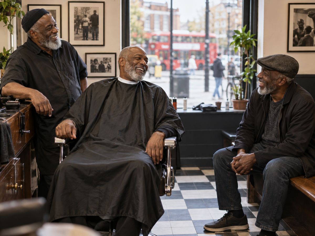 Three older Black men laugh together in a barbershop, one seated in the barber's chair wearing a cape, with a London street and a red bus visible through the window.