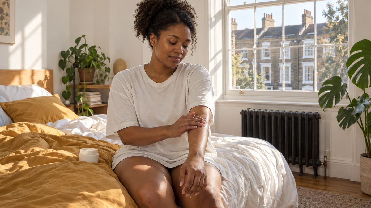 A young Black woman in a white T-shirt sits on her bed applying moisturiser to her arm, beside a sash window and a black radiator in a bright flat.