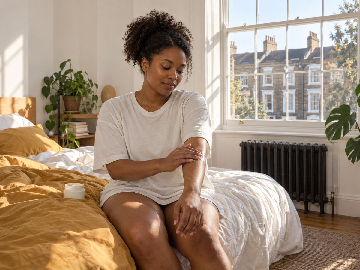 A young Black woman in a white T-shirt sits on her bed applying moisturiser to her arm, beside a sash window and a black radiator in a bright flat.