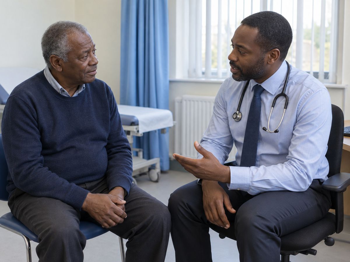 An older Black man in a navy jumper listens as a Black male doctor with a stethoscope explains something in a hospital consulting room.