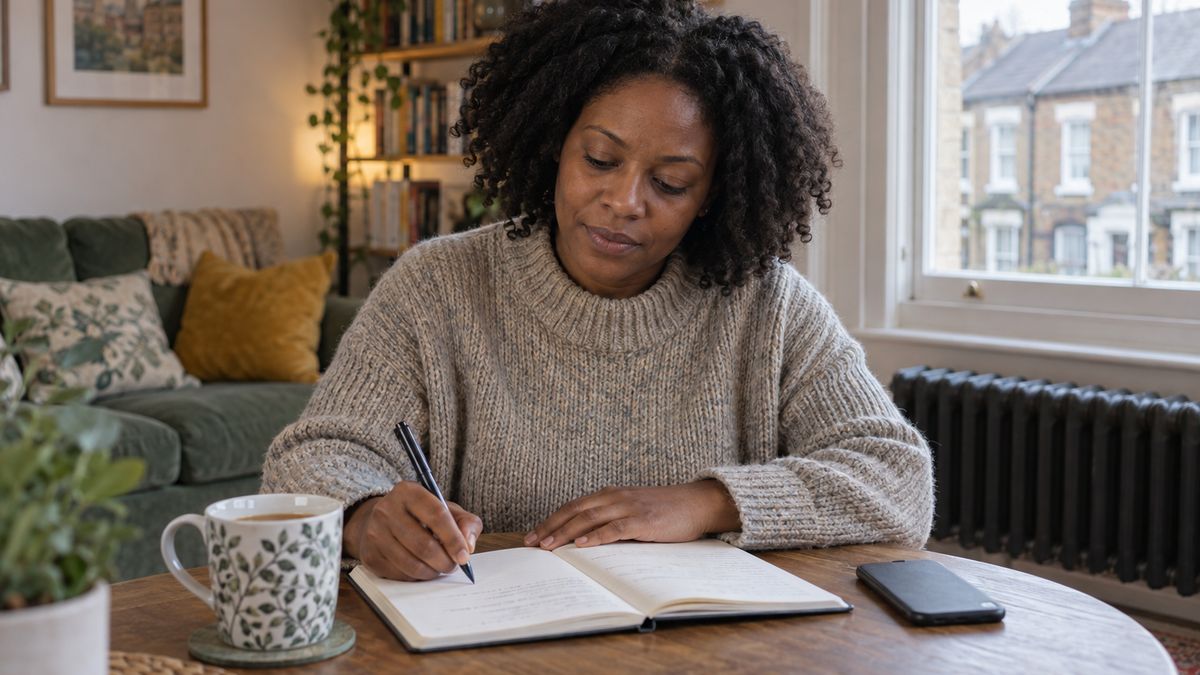 A Black woman in a knitted jumper writes in a notebook at a round table in her living room, with her phone and a mug of tea beside her and terraced houses outside the window.