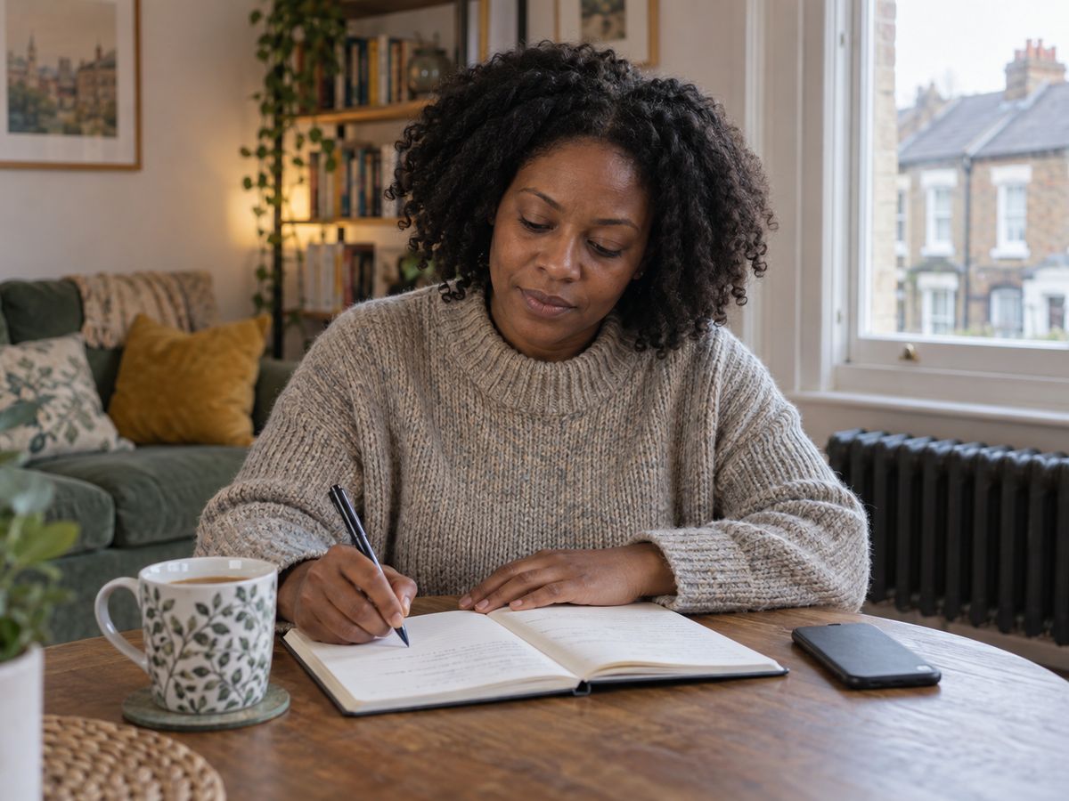 A Black woman in a knitted jumper writes in a notebook at a round table in her living room, with her phone and a mug of tea beside her and terraced houses outside the window.