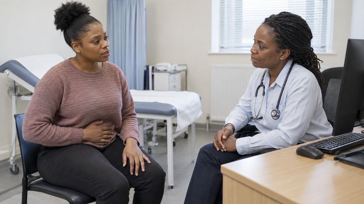 A young Black woman in a pink jumper talks with a Black woman GP wearing a stethoscope in a consulting room with an examination couch.