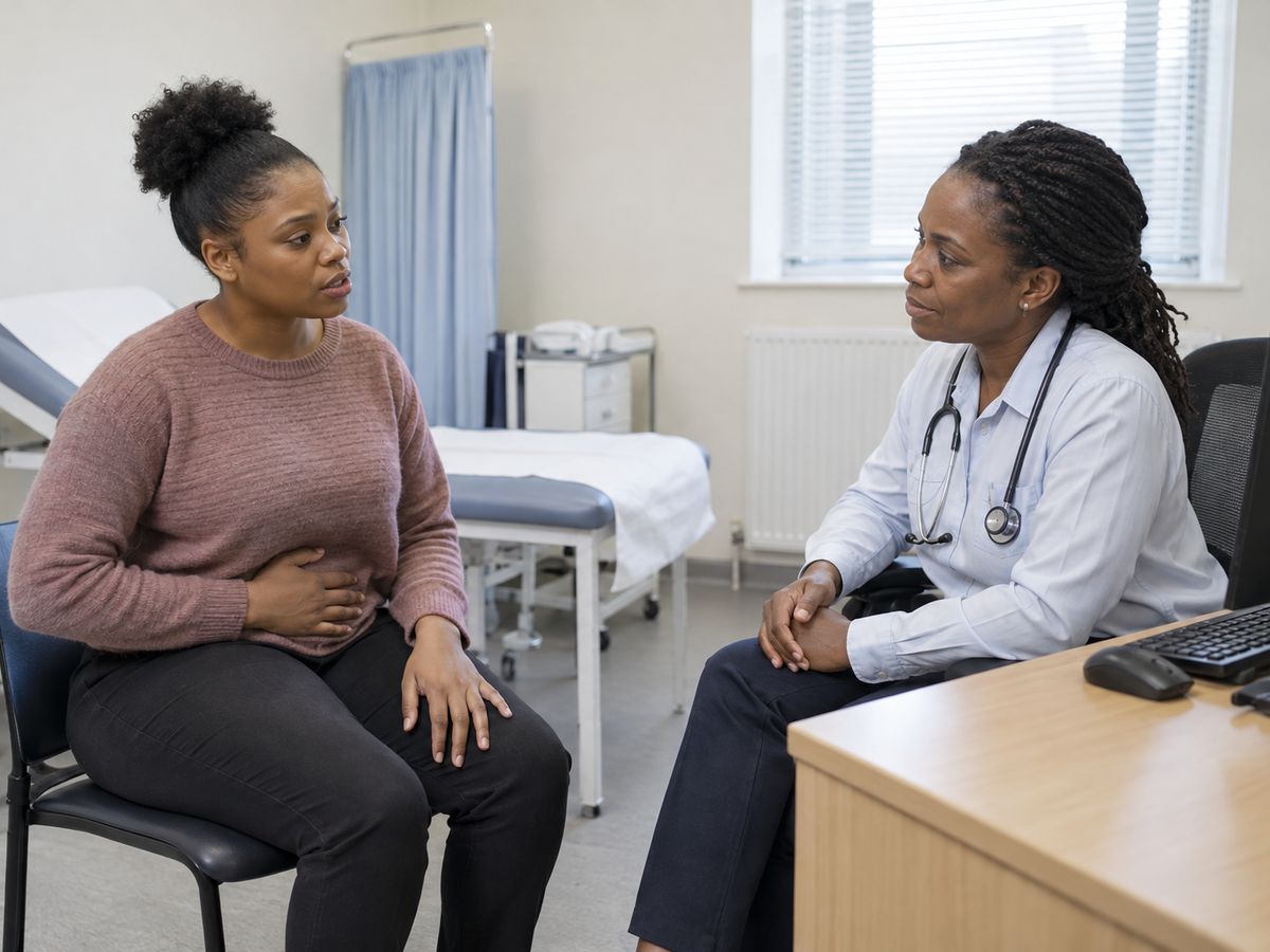 A young Black woman in a pink jumper talks with a Black woman GP wearing a stethoscope in a consulting room with an examination couch.