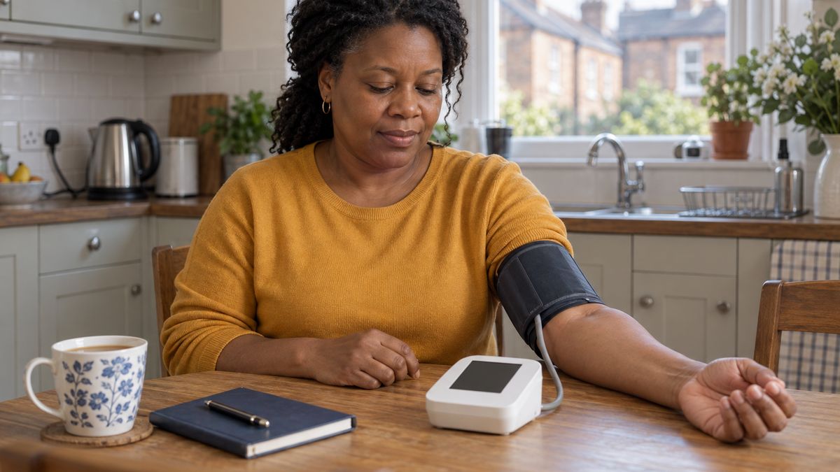 A Black woman in a mustard jumper measures her own blood pressure with an upper-arm cuff monitor at her kitchen table, beside a notebook and a cup of tea.