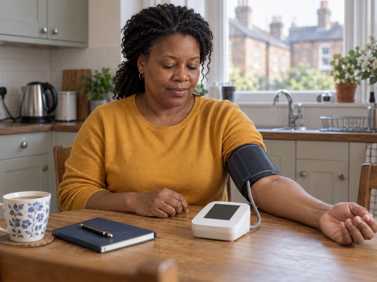 A Black woman in a mustard jumper measures her own blood pressure with an upper-arm cuff monitor at her kitchen table, beside a notebook and a cup of tea.