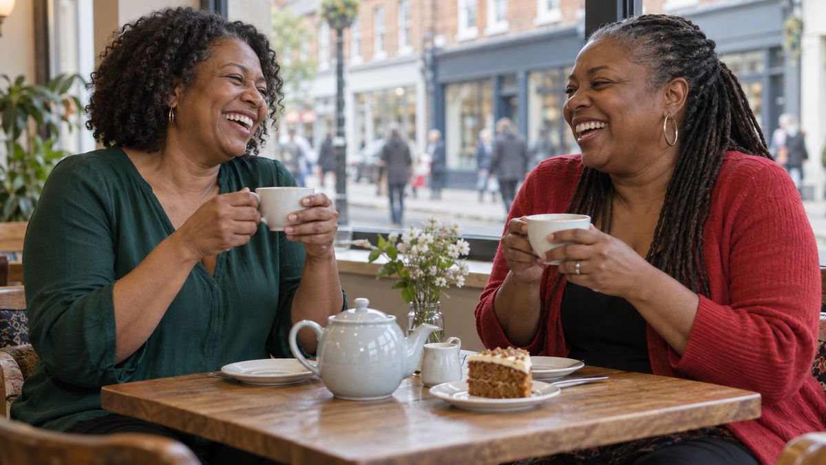 Two Black women, one in a green blouse and one in a red cardigan, laugh over cups of tea and a slice of cake in a high street café.