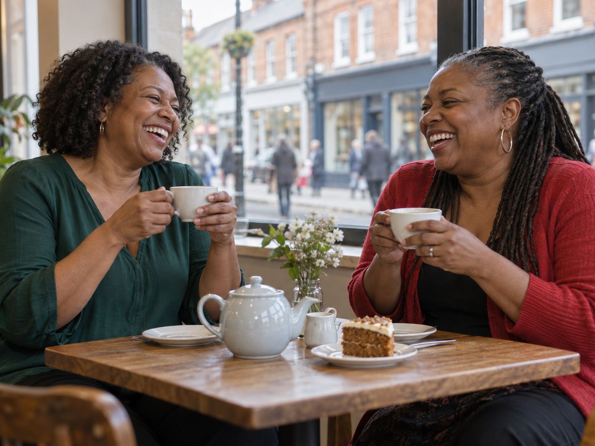Two Black women, one in a green blouse and one in a red cardigan, laugh over cups of tea and a slice of cake in a high street café.