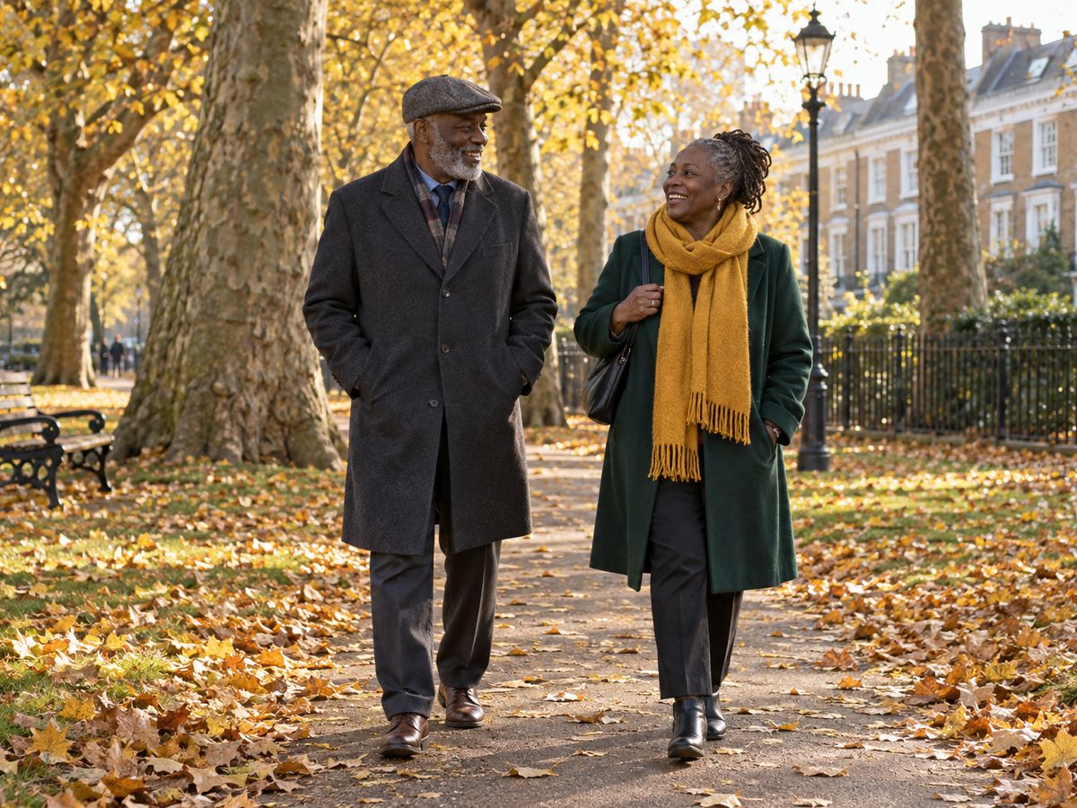 An older Black man in a flat cap and grey coat walks and laughs with a Black woman in a green coat and mustard scarf along a leaf-covered path in a London park in autumn.