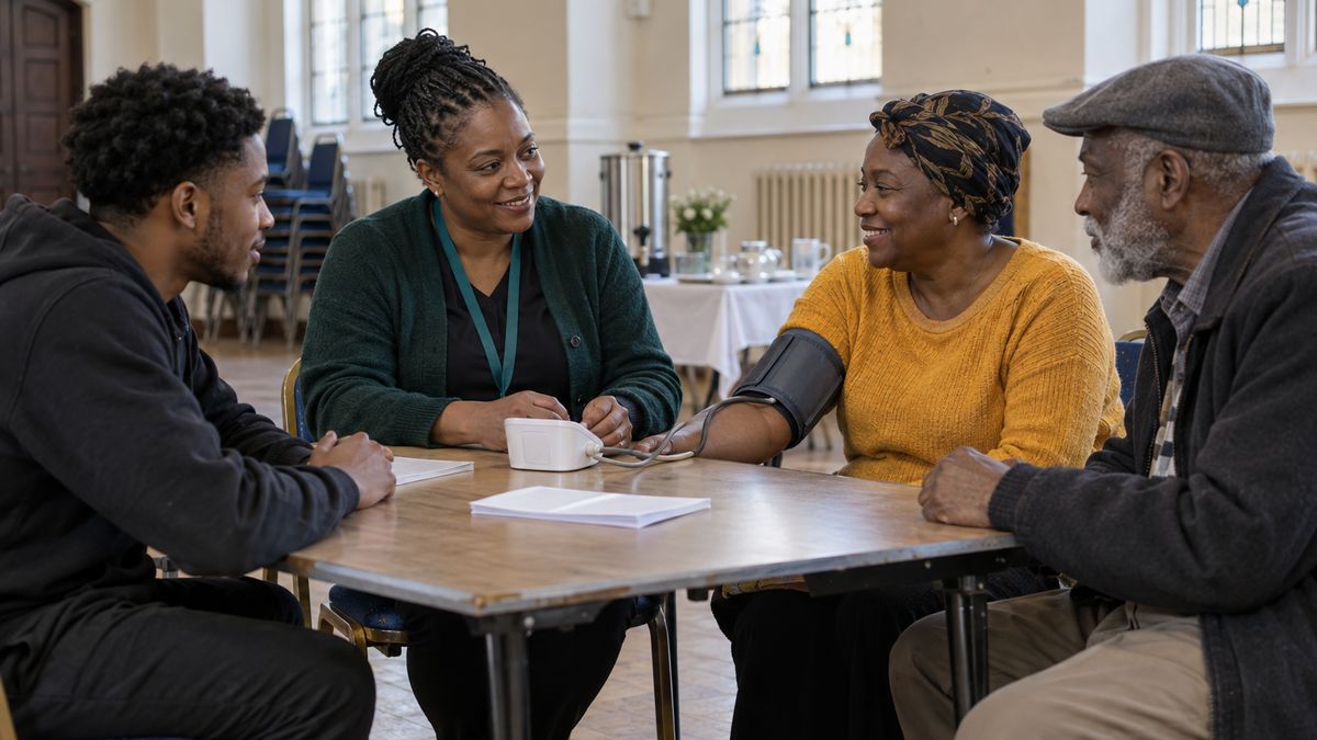 A Black health worker in a green cardigan chats with a young man, a woman in a mustard jumper and an older man in a flat cap around a table of leaflets in a bright community hall.