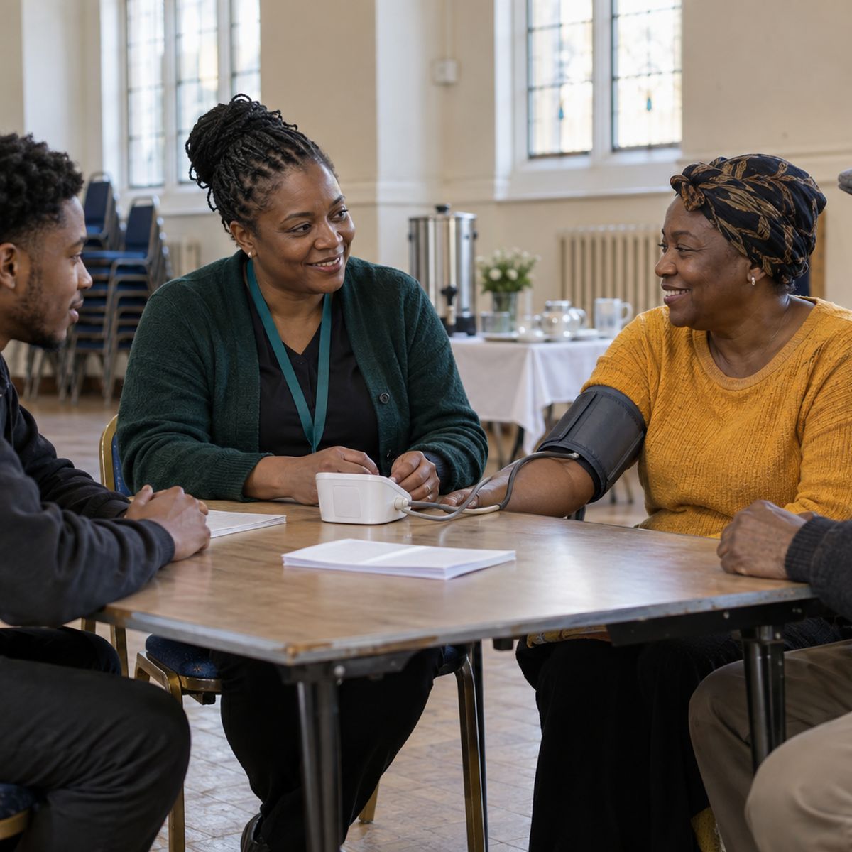 A Black health worker in a green cardigan chats with a young man, a woman in a mustard jumper and an older man in a flat cap around a table of leaflets in a bright community hall.