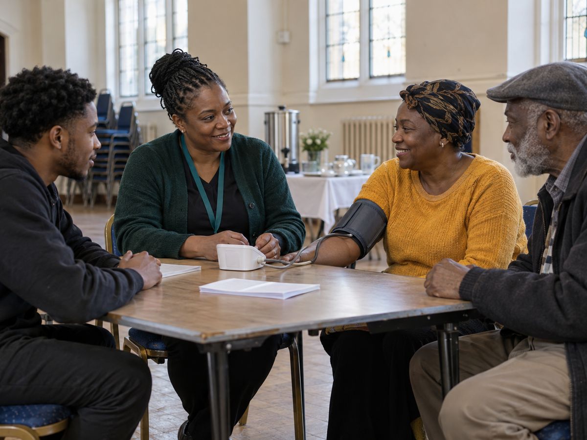 A Black health worker in a green cardigan chats with a young man, a woman in a mustard jumper and an older man in a flat cap around a table of leaflets in a bright community hall.