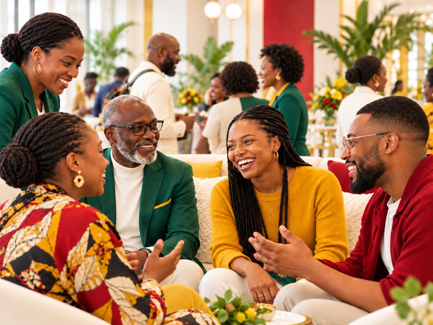 A group of Black friends of different ages laugh and talk together on sofas at a bright, plant-filled gathering, dressed in marigold, green and red.
